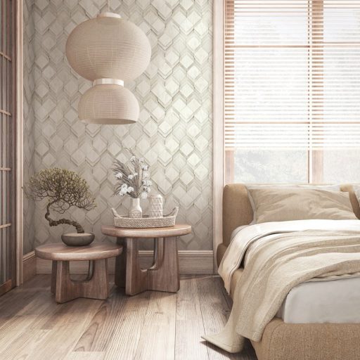 Négyzet alapú alacsony fahasábok dinamikus geometriai 3D mintája gyöngyház és ezüstös-szürkésbézs tónus tapéta