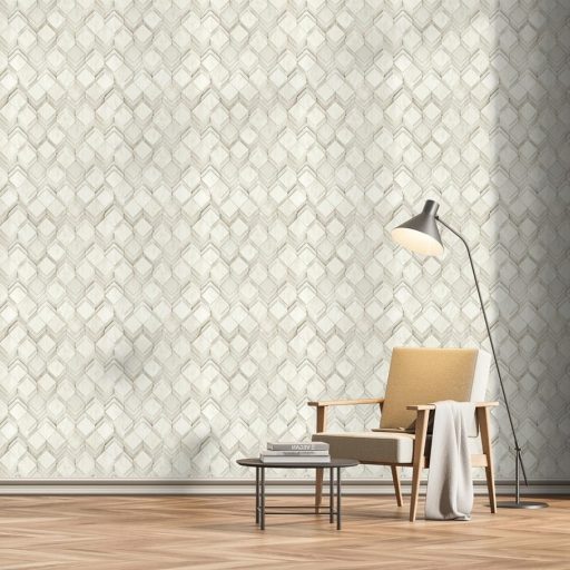 Négyzet alapú alacsony fahasábok dinamikus geometriai 3D mintája gyöngyház és ezüstös-szürkésbézs tónus tapéta