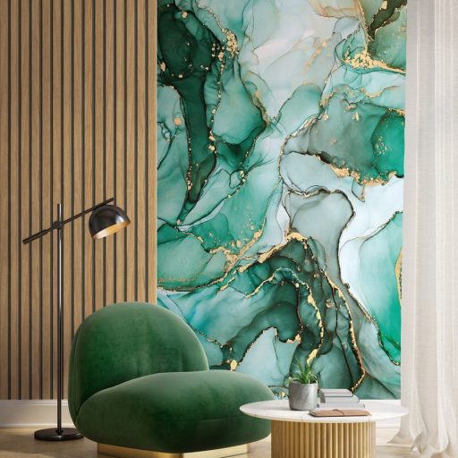 "Folyékony" márványerezet és smaragd óceán egyedülálló találkozása fehér smaragd jégkék menta és arany tónus falpanel