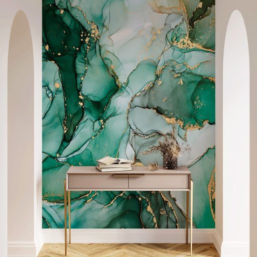 "Folyékony" márványerezet és smaragd óceán egyedülálló találkozása fehér smaragd jégkék menta és arany tónus falpanel