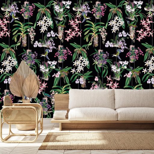 Pompázatos drámai virágideál akár egy üvegházi orchideakert fekete fehér bézs rózsaszín lila és zöld tónus falpanel