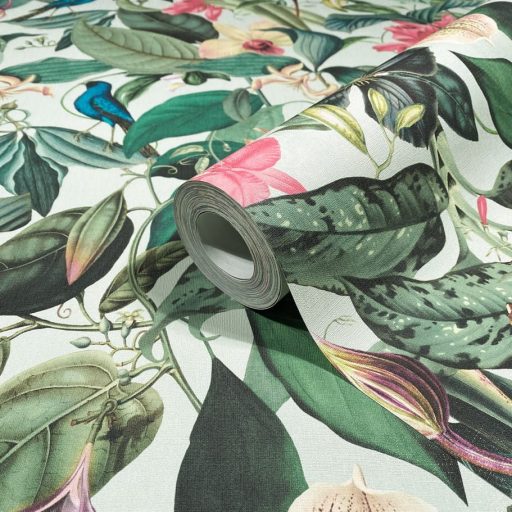 Elképesztően színes vibráló trópusi installáció fehér smaragdzöld rózsaszín zöld pink és türkiz tónus tapéta