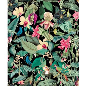   Elképesztően színes vibráló trópusi installáció fekete smaragdzöld rózsaszín zöld pink és türkiz tónus tapéta