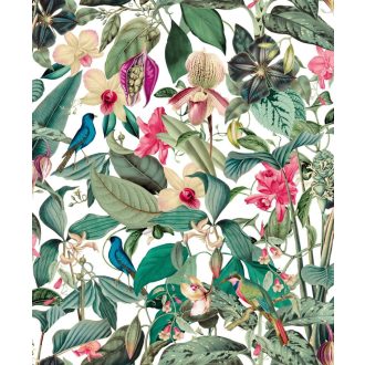   Elképesztően színes vibráló trópusi installáció fehér smaragdzöld rózsaszín zöld pink lila és türkiz tónus tapéta