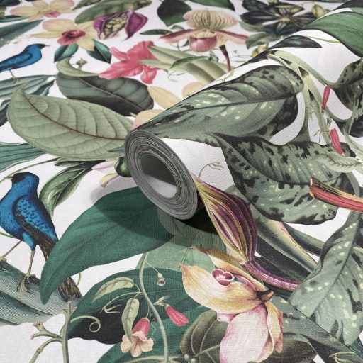 Elképesztően színes vibráló trópusi installáció fehér smaragdzöld rózsaszín zöld pink lila és türkiz tónus tapéta