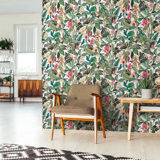 Elképesztően színes vibráló trópusi installáció fehér smaragdzöld rózsaszín zöld pink lila és türkiz tónus tapéta