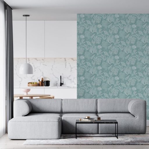 Tenger kincsei - varázslatos vízalatti világ grafikus ábrázolása friss türkiz és fehér tónus tapéta