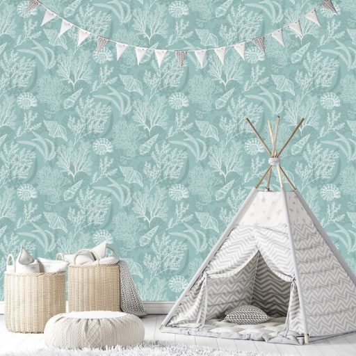 Tenger kincsei - varázslatos vízalatti világ grafikus ábrázolása friss türkiz és fehér tónus tapéta