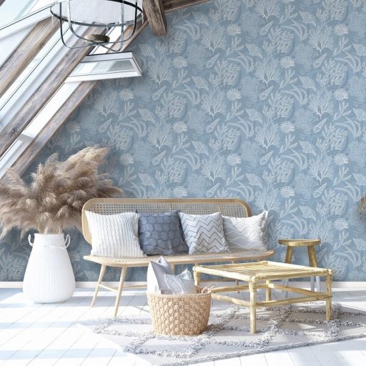 Tenger kincsei - varázslatos vízalatti világ grafikus ábrázolása kék/acélkék és fehér tónus tapéta