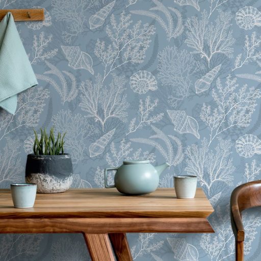 Tenger kincsei - varázslatos vízalatti világ grafikus ábrázolása kék/acélkék és fehér tónus tapéta