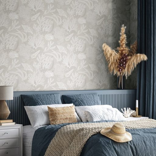 Tenger kincsei - varázslatos vízalatti világ grafikus ábrázolása meleg bézs/homokszín és krémfehér tónus tapéta