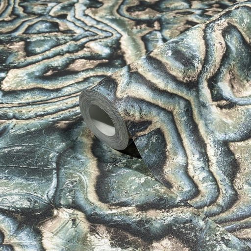 Misztikus térplasztika - Örvénylő formák dinamikus 3D mintája szürkészöld bézs barna szürkésbarna és antracit tónus tapéta