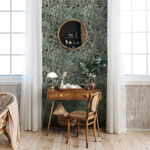 Misztikus térplasztika - Örvénylő formák dinamikus 3D mintája szürkészöld bézs barna szürkésbarna és antracit tónus tapéta