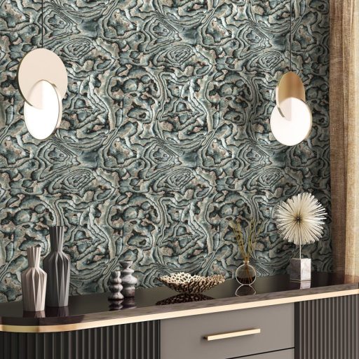 Misztikus térplasztika - Örvénylő formák dinamikus 3D mintája szürkészöld bézs barna szürkésbarna és antracit tónus tapéta