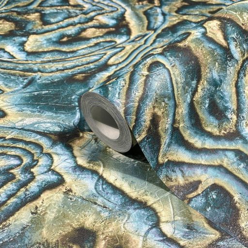 Misztikus térplasztika - Örvénylő formák dinamikus 3D mintája kék petrolkék zöld/türkiz sárga és aranybarna tónus tapéta