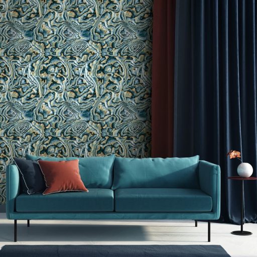 Misztikus térplasztika - Örvénylő formák dinamikus 3D mintája kék petrolkék zöld/türkiz sárga és aranybarna tónus tapéta