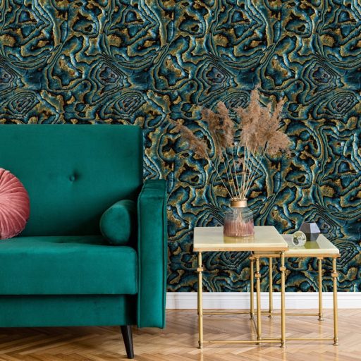 Misztikus térplasztika - Örvénylő formák dinamikus 3D mintája kék fekete barna sárga és arany tónus tapéta