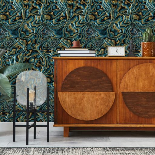 Misztikus térplasztika - Örvénylő formák dinamikus 3D mintája kék fekete barna sárga és arany tónus tapéta