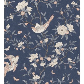   Casadeco Natsu 82136515 NARA etno virágok madarak éjkék krémfehér aranybarna lazacszín tapéta