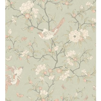   Casadeco Natsu 82137224 NARA etno virágok madarak mandulazöld krémfehér lazacszín szürke tapéta