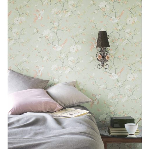 Casadeco Natsu 82137224 NARA etno virágok madarak mandulazöld krémfehér lazacszín szürke tapéta