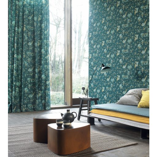 Casadeco Natsu 82137230  NARA etno virágok madarak smaradgzöld aranysárga barna világoskék tapéta