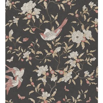   Casadeco Natsu 82139403  NARA etno virágok madarak fekete piros barna szürkésfehér tapéta