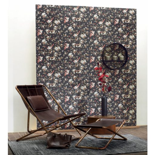 Casadeco Natsu 82139403  NARA etno virágok madarak fekete piros barna szürkésfehér tapéta