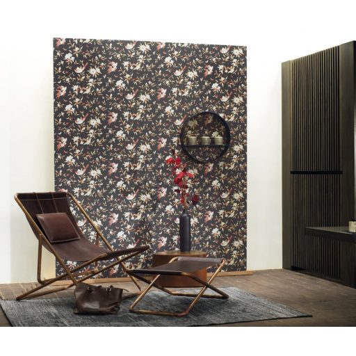 Casadeco Natsu 82139403  NARA etno virágok madarak fekete piros barna szürkésfehér tapéta