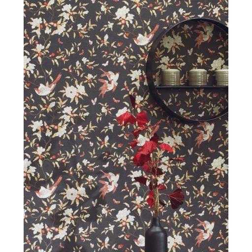 Casadeco Natsu 82139403  NARA etno virágok madarak fekete piros barna szürkésfehér tapéta