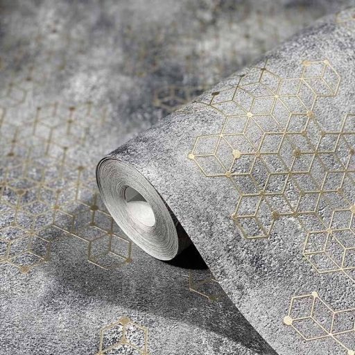 Novamur Hailey 82240 (6797-10) Natur Geometrikus Beton háttéren hatszögek kockák 3D szürke kékesszürke bézs antracit arany tapéta