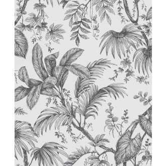   Trópusi növények levélzete textil háttéren fehér fekete és szürke tónusok tapéta