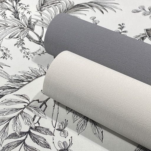 Trópusi növények levélzete textil háttéren fehér fekete és szürke tónusok tapéta