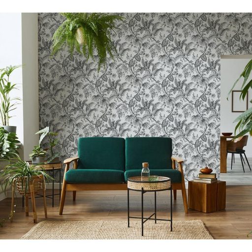 Trópusi növények levélzete textil háttéren fehér fekete és szürke tónusok tapéta