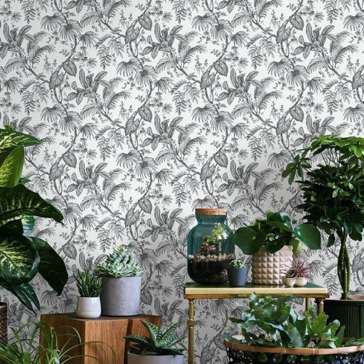 Trópusi növények levélzete textil háttéren fehér fekete és szürke tónusok tapéta