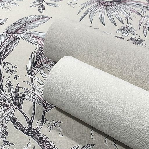 Trópusi növények levélzete textil háttéren bézs fehér fekete és szürke tónusok tapéta