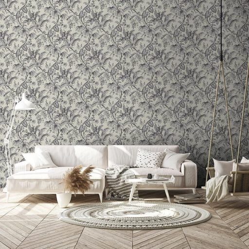 Trópusi növények levélzete textil háttéren bézs fehér fekete és szürke tónusok tapéta