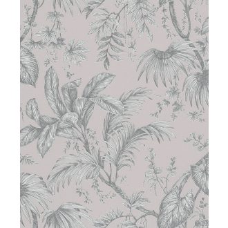   Trópusi növények levélzete textil háttéren rózsaszín szürke és ezüst tónusok fényes fémes hatás tapéta