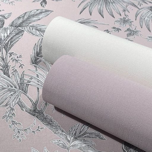 Trópusi növények levélzete textil háttéren rózsaszín szürke és ezüst tónusok fényes fémes hatás tapéta