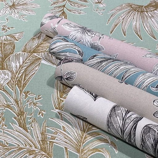 Trópusi növények levélzete textil háttéren rózsaszín szürke és ezüst tónusok fényes fémes hatás tapéta