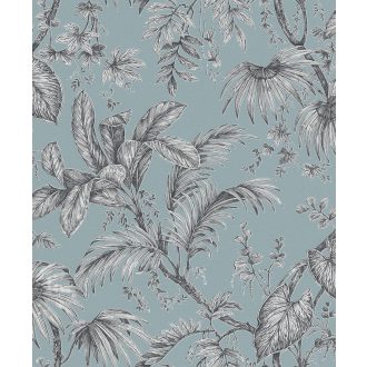   Trópusi növények levélzete textil háttéren kék fehér fekete és szürke tónusok tapéta