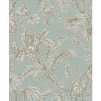   Trópusi növények levélzete textil háttéren zöld fehér és arany tónusok fényes fémes hatás tapéta