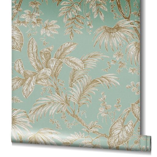 Trópusi növények levélzete textil háttéren zöld fehér és arany tónusok fényes fémes hatás tapéta