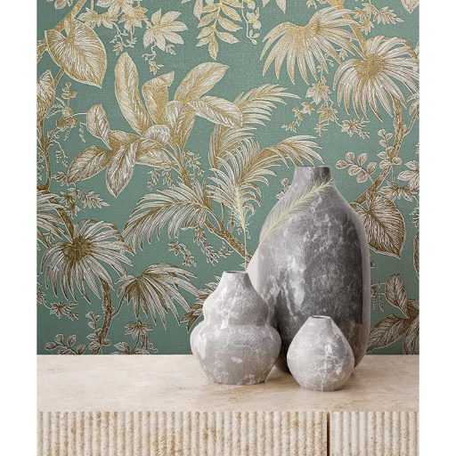 Trópusi növények levélzete textil háttéren zöld fehér és arany tónusok fényes fémes hatás tapéta