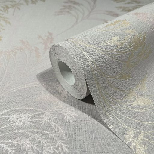 Filigrán réti fűmintázat textil háttéren szürke rózsaszín/roségold és arany tónusok fényes fémes hatás tapéta