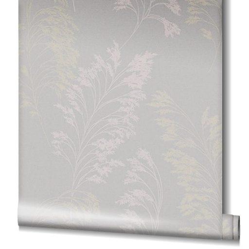 Filigrán réti fűmintázat textil háttéren szürke rózsaszín/roségold és arany tónusok fényes fémes hatás tapéta