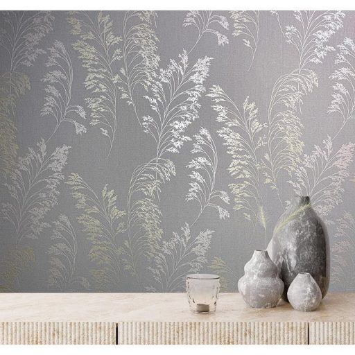 Filigrán réti fűmintázat textil háttéren szürke rózsaszín/roségold és arany tónusok fényes fémes hatás tapéta