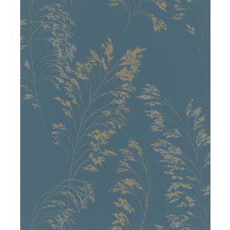   Filigrán réti fűmintázat textil háttéren petrol/zöldeskék és arany tónusok fényes fémes hatás tapéta