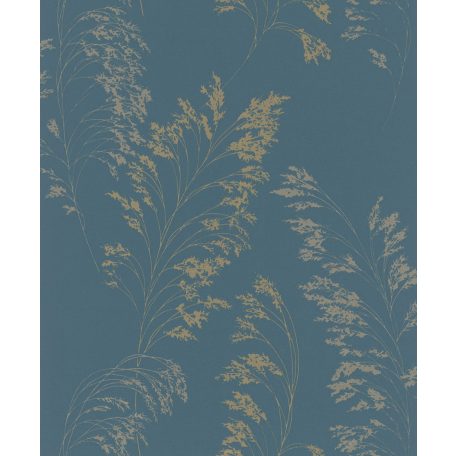 Filigrán réti fűmintázat textil háttéren petrol/zöldeskék és arany tónusok fényes fémes hatás tapéta