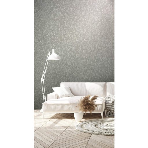 Filigrán vintage virágmotívum szürke bézs és ezüst pasztell tónusok fényes mintafelület tapéta